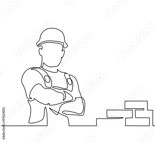 Continuous line drawing. Standing builder man near brick wall. Vector illustration on white background photo