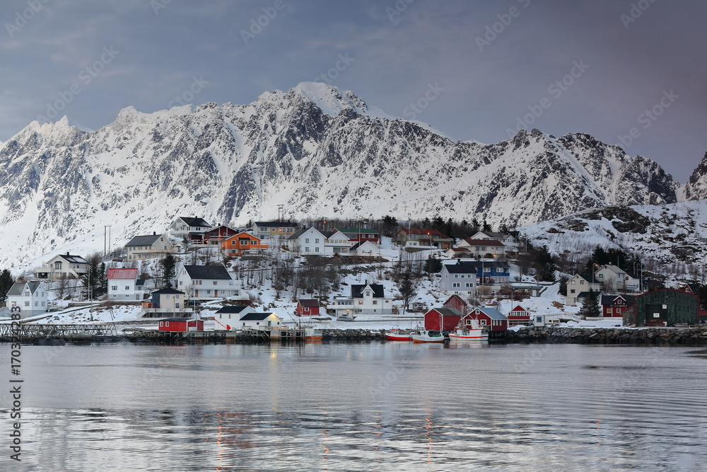 NE-wards view over Reinevagen-gulf to mounts closing Reinefjorden. Reine-Moskenes-Lofoten-Nordland-Norway. 0349