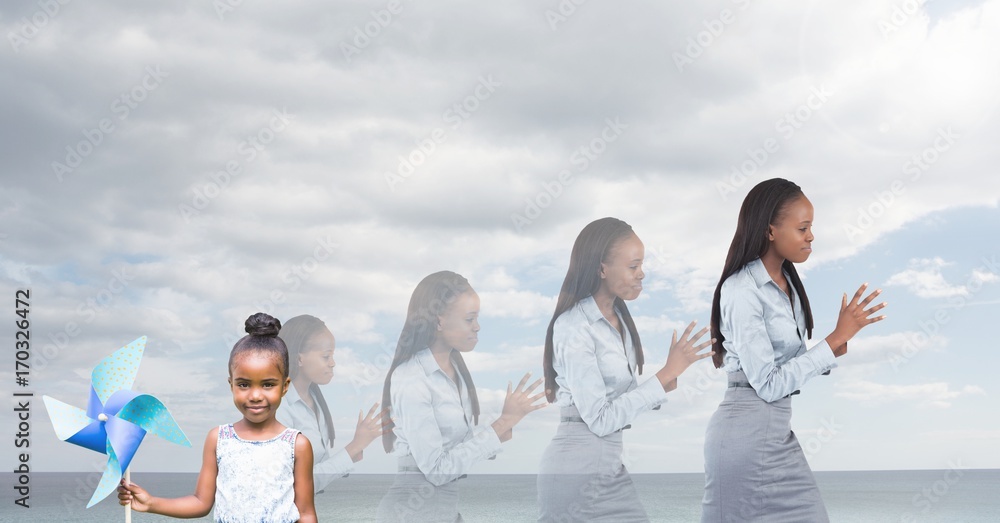 child and Women of age generations growing up with sea sky child and Women of age generations growing up with sea sky