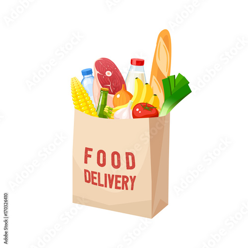 Grocery bag, dairy, meat, oil, veggies and baguette. Vector illustration cartoon flat icon isolated on white.