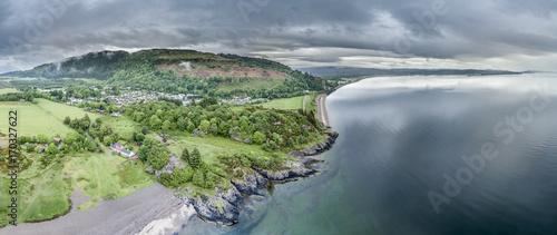 Aerial view of the beautiful village of Benderloch with dramatic skys