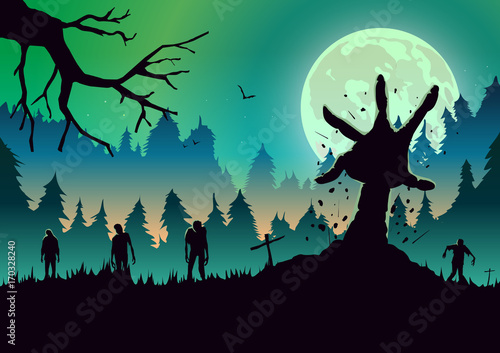 Silhouette Zombie arm reaching out from ground in a full moon night. Ideal for nightclub poster green theme.