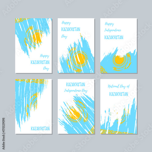 Kazakhstan Patriotic Cards for National Day. Expressive Brush Stroke in National Flag Colors on white card background. Kazakhstan Patriotic Vector Greeting Card.
