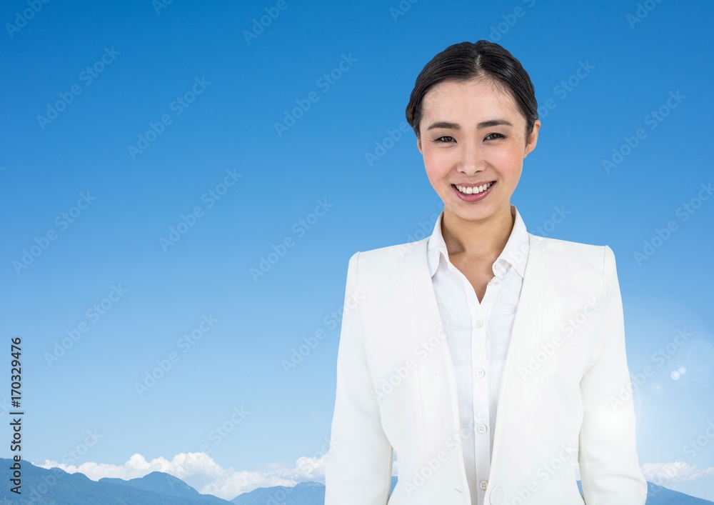 Businesswoman in nature mountain sky Businesswoman in nature mountain sky