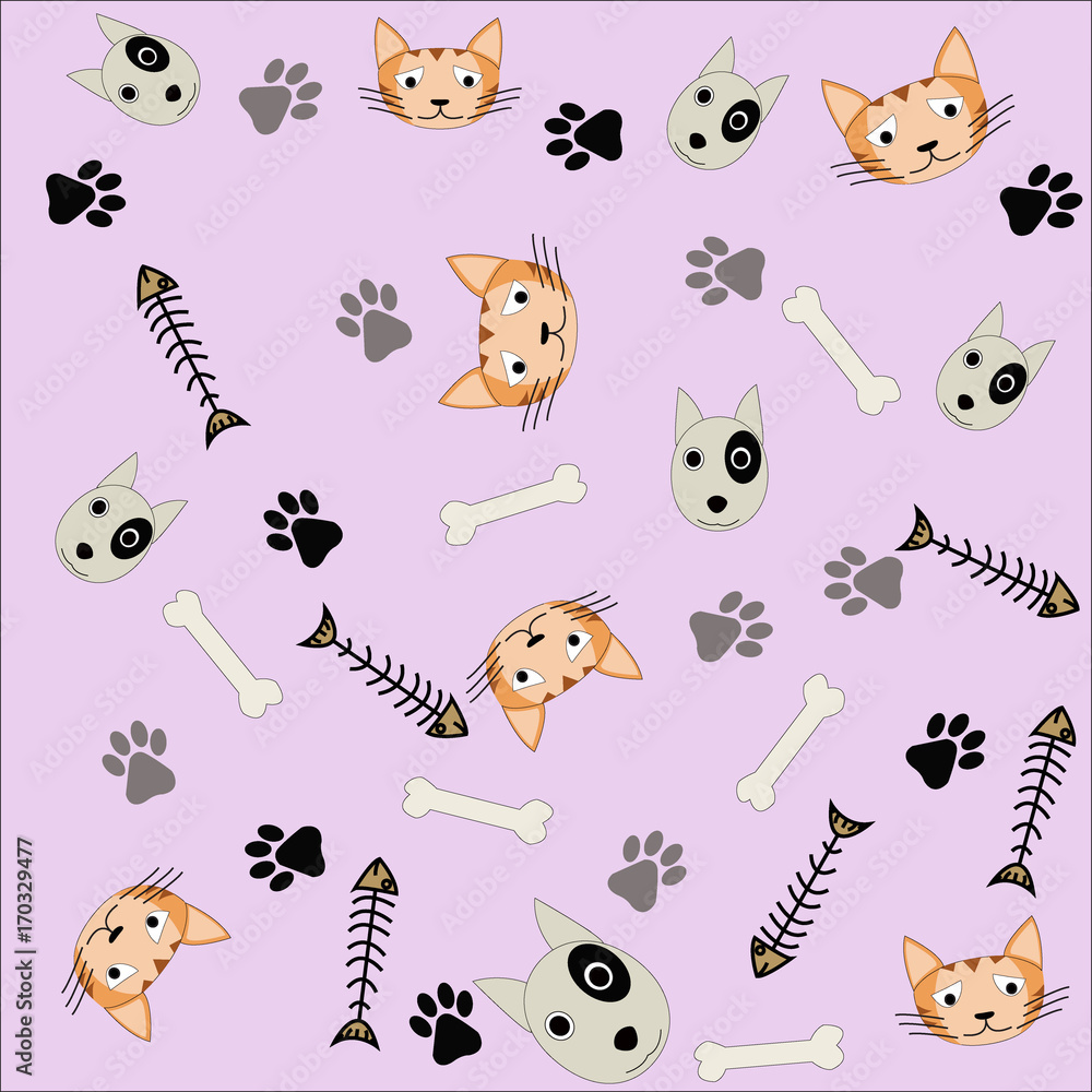 Pattern background of dog cat bone fish bone and footprint on a