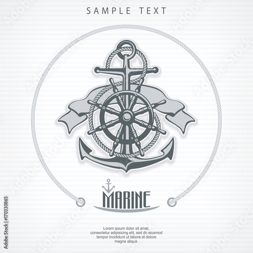 Anchor with rope, steering wheel ribbon, nautical round symbols.