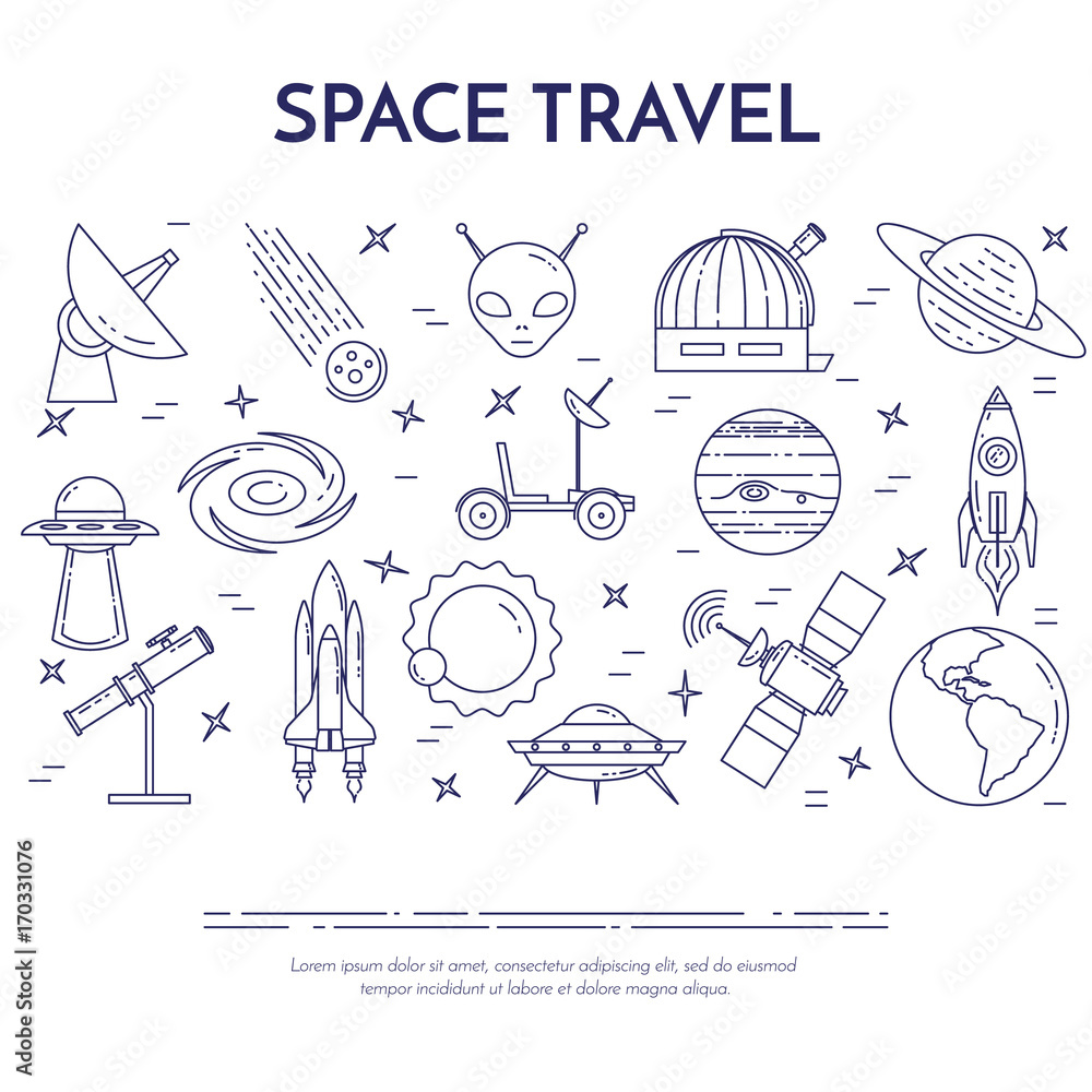 Space travel line banner. Set of elements of planets, space ships, ufo ...