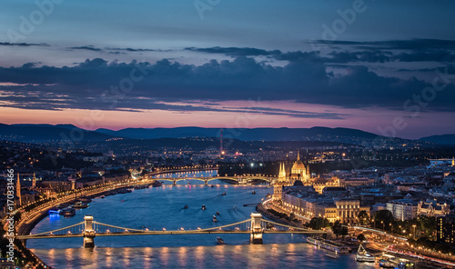 Sunset over the Chain Bridge and the Hungarian Parliament in Budapest  Hungary