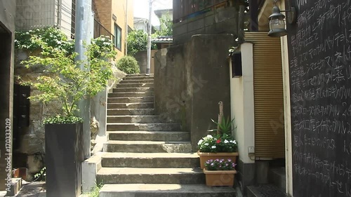 Stairs at Kagurazaka in Tokyo middle shot deep focus tilt up photo