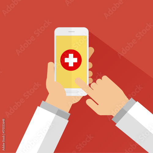 doctor hands holding smartphone with emergency icon