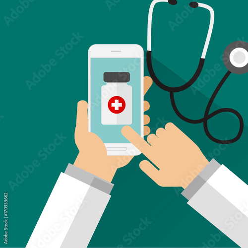 doctor hands holding smartphone buying/selling online medicine