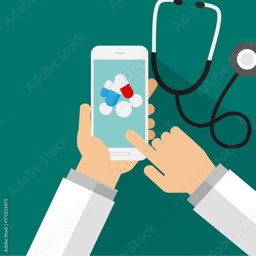 doctor hands holding smartphone buying/selling online medicine