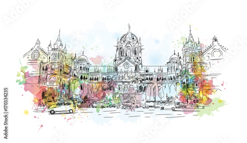 Obraz na płótnie Watercolor sketch of CST, Chatrapati Shivaji Terminus Mumbai, India in vector illustration. w salonie