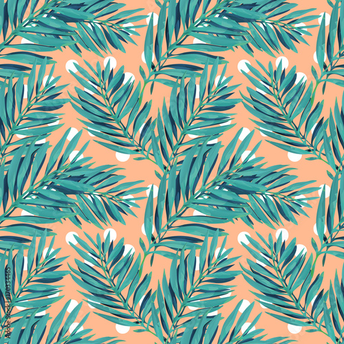 Tropical palm leaves pattern. Trendy print design with abstract jungle foliage. Exotic seamless background. Vector illustration