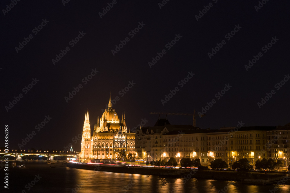 Panoramic view of Budapest at night. Budapest Parliament architecture sightseeing