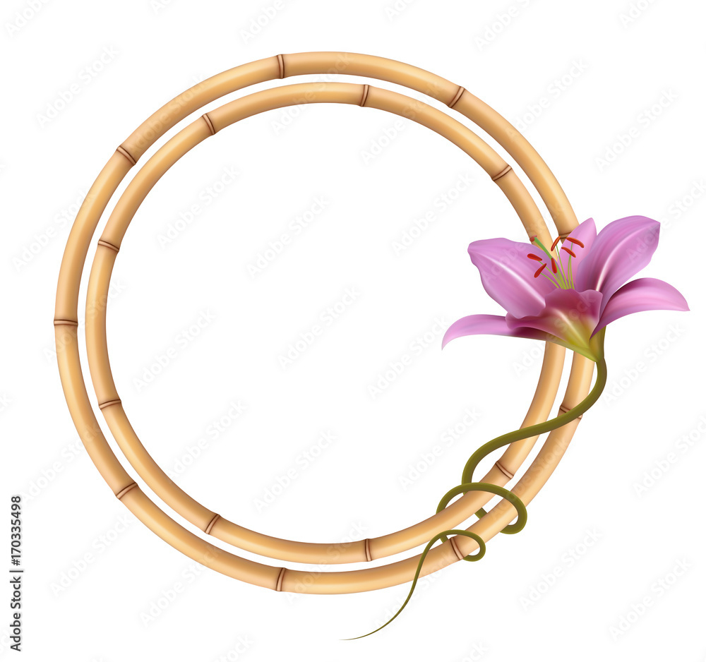 Realistic bamboo frame with purple lily flower. Realistic bamboo frame with purple lily flower.