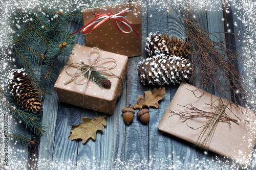 Christmas background with gift box on wooden planks