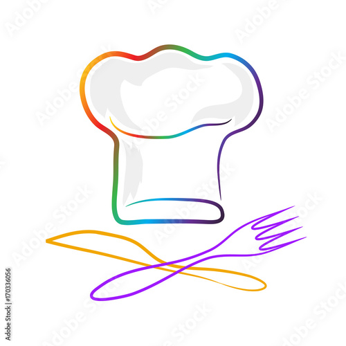Chef hat silhouette, fork and knife isolated set. Colorful hat chef cook for logo. Stock vector illustration