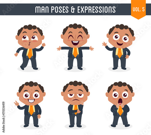 Cartoon character of a black man in different poses. Isolated on white background. Body gestures and facial expressions. Set 5 of 8.