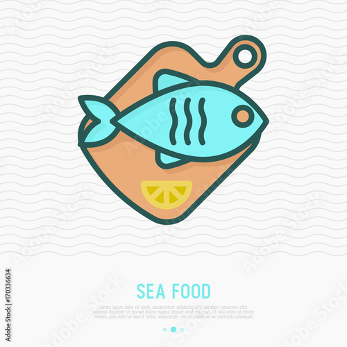 Fish on wooden cutting board with lemon thin line icon. Element for logo of fish restaurant or healthy seafood. Simple vector illustration.
