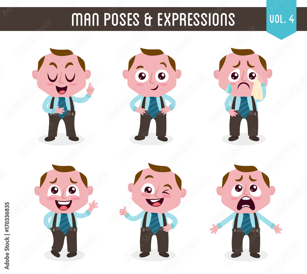 Cartoon character of a man in different poses. Isolated on white background. Body gestures and facial expressions. Set 4 of 8. Cartoon character of a man in different poses. Isolated on white background. Body gestures and facial expressions. Set 4 of 8.