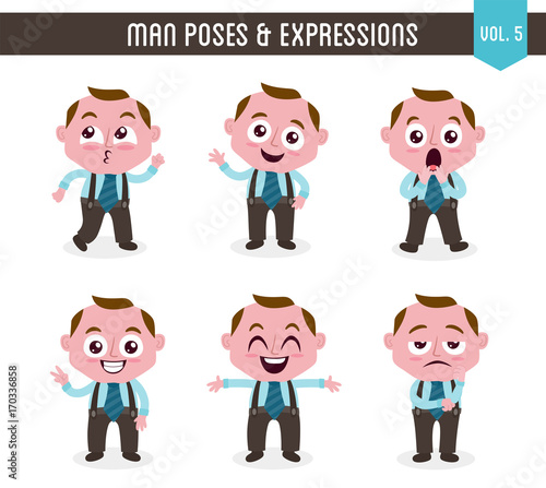 Cartoon character of a man in different poses. Isolated on white background. Body gestures and facial expressions. Set 5 of 8.