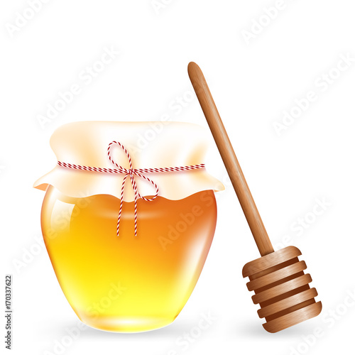 A realistic honey can with a wooden stick. Vector 3d illustration on white background