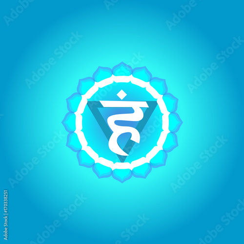 Vishuddha colored symbol. Chakra blue, isolated object, banner, poster. Yoga mantra, energy concept. Vector illustration.