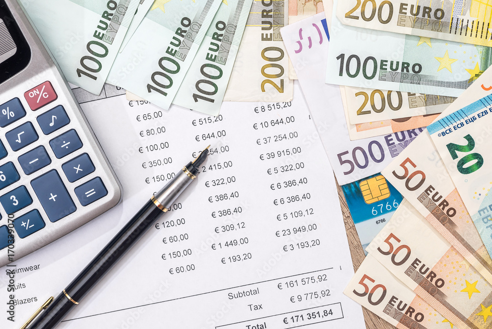 budget, sale, monthly report, calculator and euro, pen budget, sale, monthly report, calculator and euro, pen
