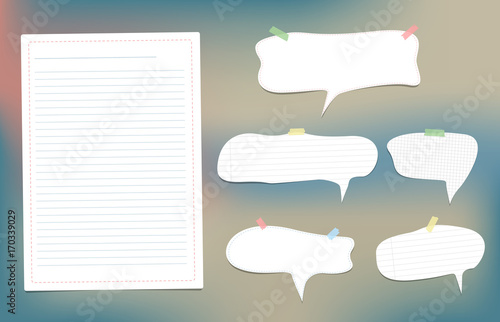 White speech bubbles note, copybook, notebook paper with dashed line stuck on colorful background.