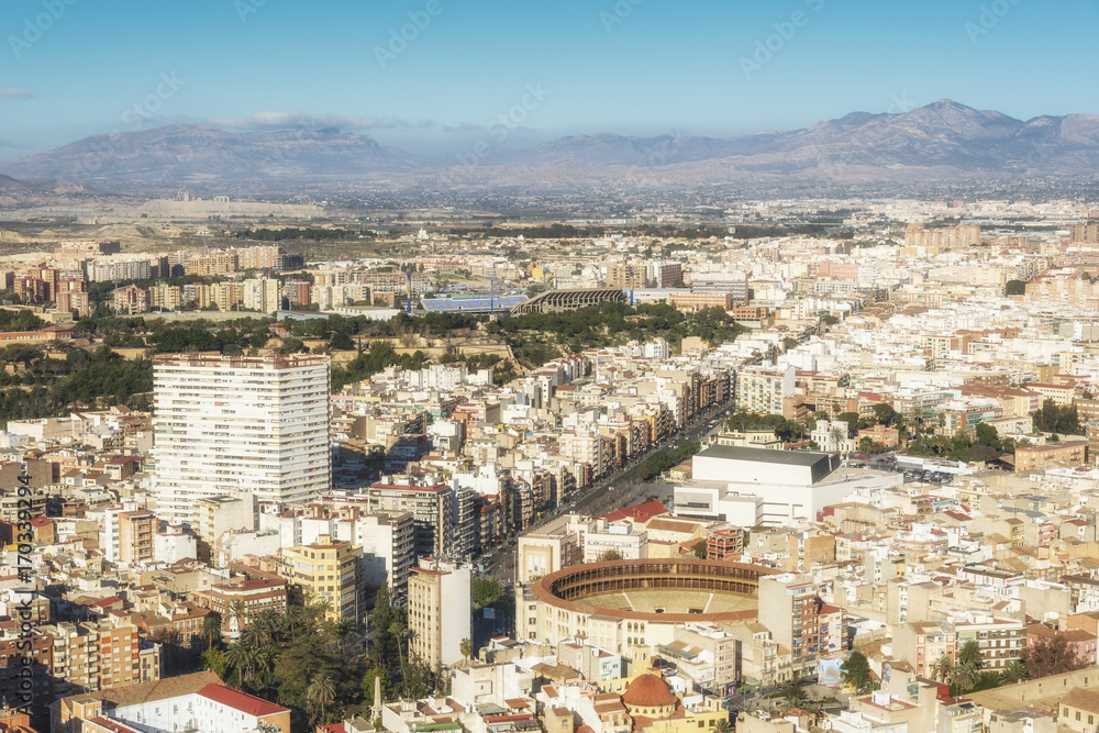 Panoramic view from Santa Barbara castle to ancient city centre of Alicante, province Valencia, Spain