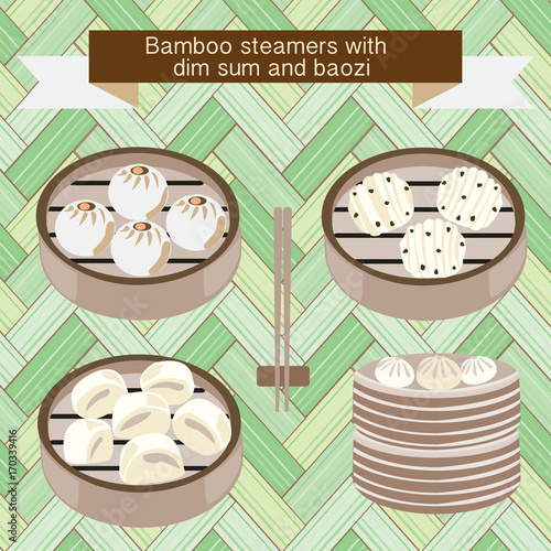 set of Bamboo steamers with dim sum and baozi