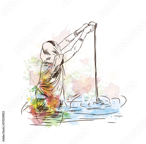 Watercolor sketch of Praying Lady, India in vector illustration.