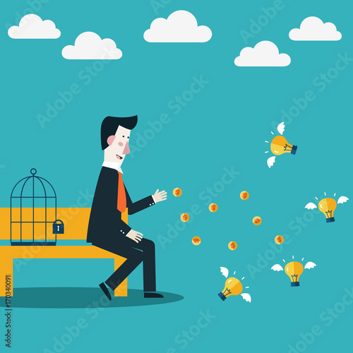 Businessman try to catch flying idea with money. Innovation, strategy and investment concept. Idea attracting money and money attracting ideas. Money making ideas concept