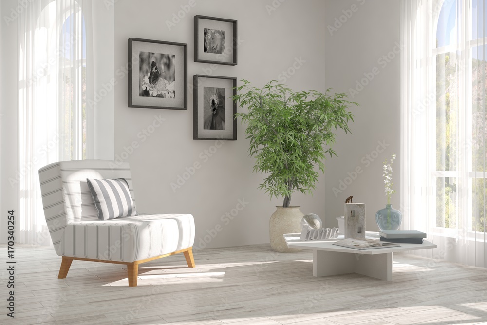 Fototapeta premium White room with armchair and green landscape in window. Scandinavian interior design. 3D illustration