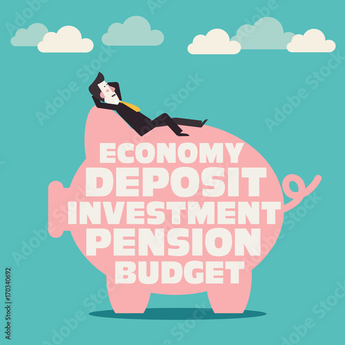 Relaxed, successful, smiling business man lying on a piggy bank with inscriptions: economy, deposit, investment, pension, budget. Saving and investing money concept. Future financial planning concept