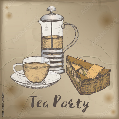 Color tea press, cup and pie slice sketch placed on vintage background.