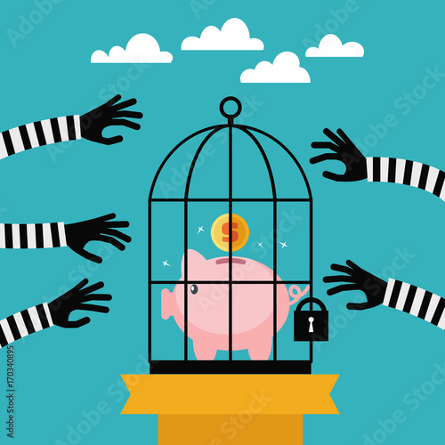 Thieves stealing money from piggy bank. Piggy bank protection