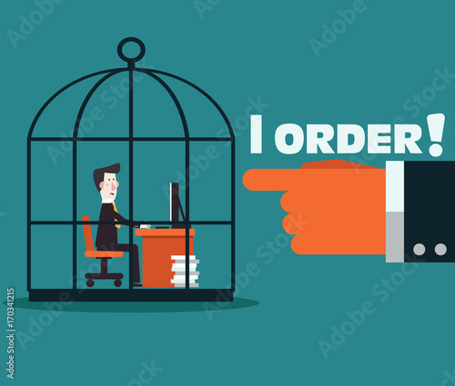 Boss holding his employee in a cage. Work under pressure, stressing situations, subordination, overwork and power abuse vector concept illustration