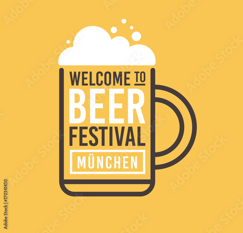Image of beer mug with foam and inscription: welcome to beer festival.