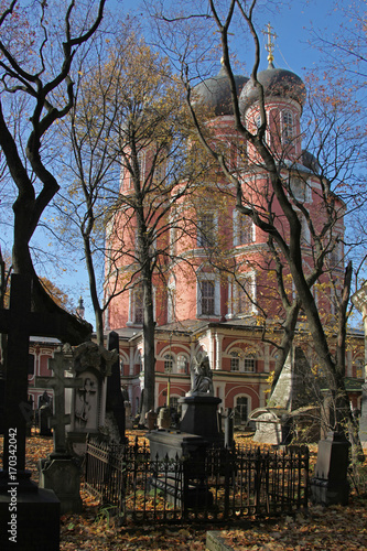 Golden autumn in necropolis of Donskoy monastery, Moscow, Russia