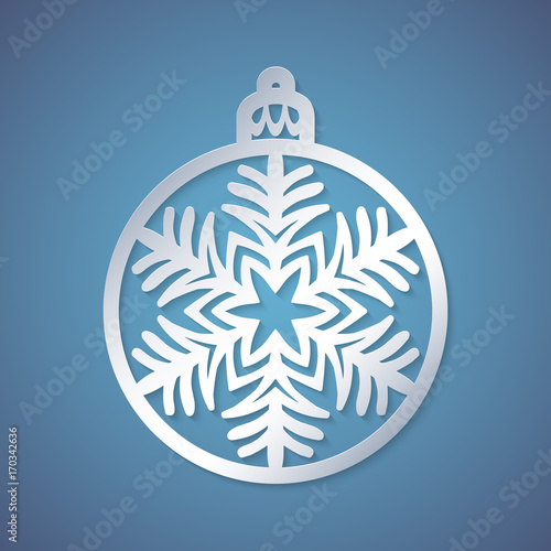Christmas ball with a snowflake cut out of paper. Template for Christmas cards, invitations for Christmas party. Image suitable for laser cutting, plotter cutting or printing. Festive background.
