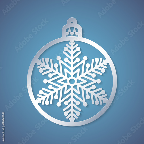 Christmas ball with a snowflake cut out of paper. Template for Christmas cards, invitations for Christmas party. Image suitable for laser cutting, plotter cutting or printing. Festive background.