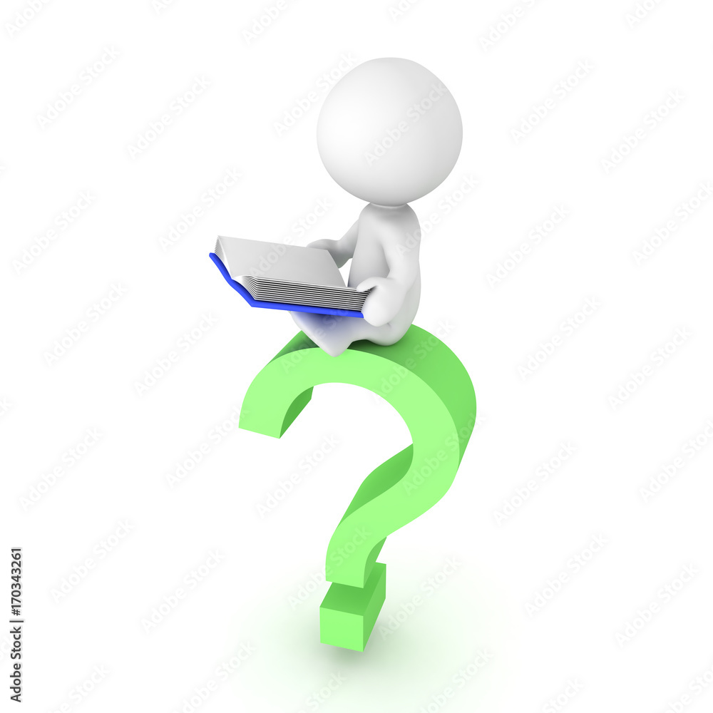 3D Character sitting on question mark and reading a book 3D Character sitting on question mark and reading a book