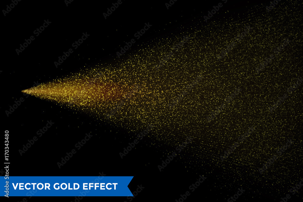 Light particles dispersion of gold glitter spray on vector black