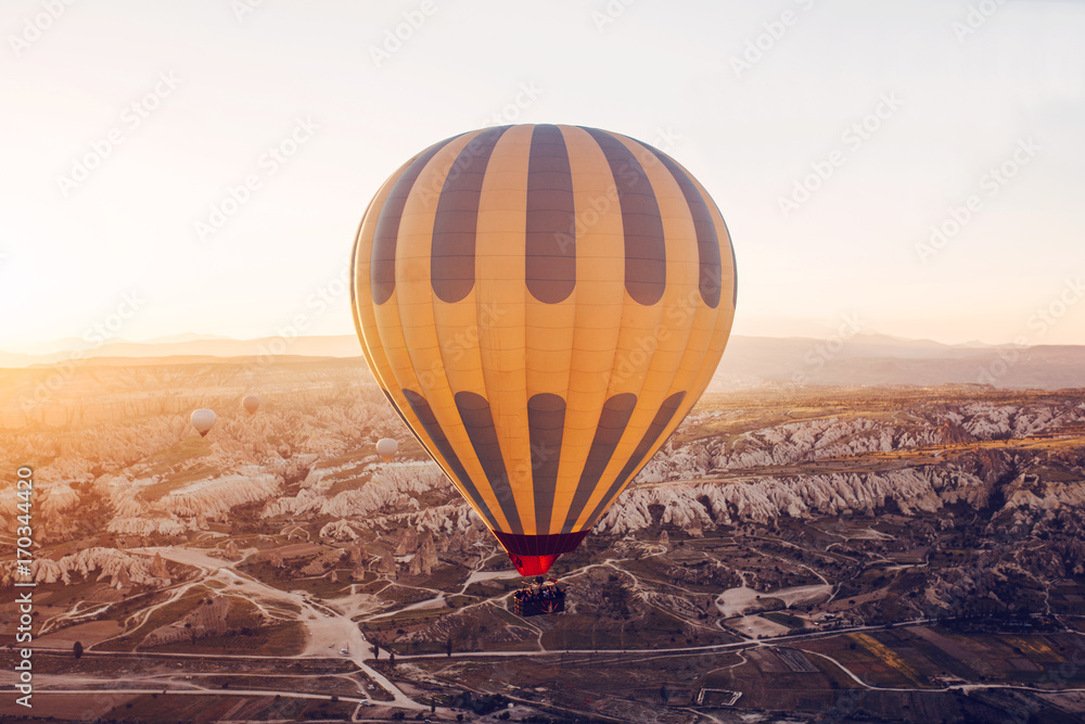 Obraz premium The famous tourist attraction of Cappadocia is an air flight. Cappadocia is known all over the world as one of the best places for flights with balloons. Cappadocia, Turkey.