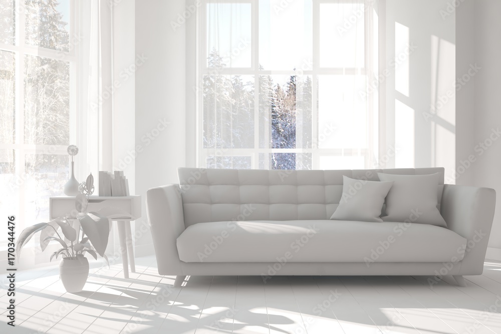 Fototapeta premium Idea of white room with sofa. Scandinavian interior design. 3D illustration