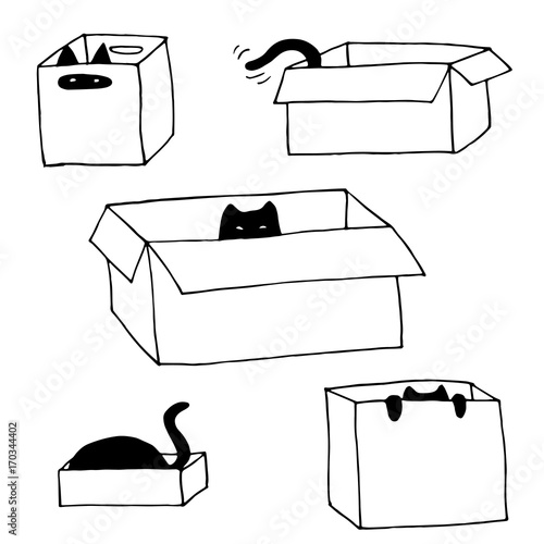 Cute cats in boxes - vector hand drawn illustration set