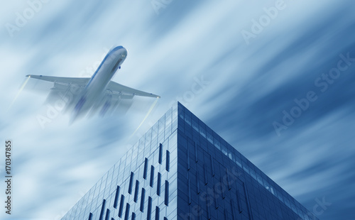 the airplane with the city scene background
