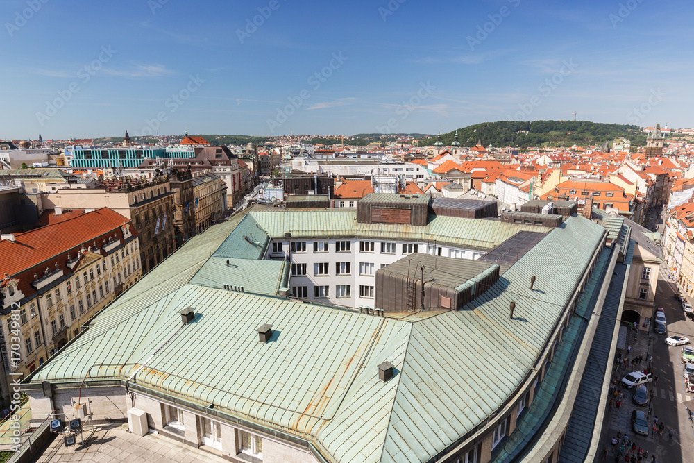 Downtown in Prague, Czech Republic, viewed from above from the Powder Tower on a sunny day.